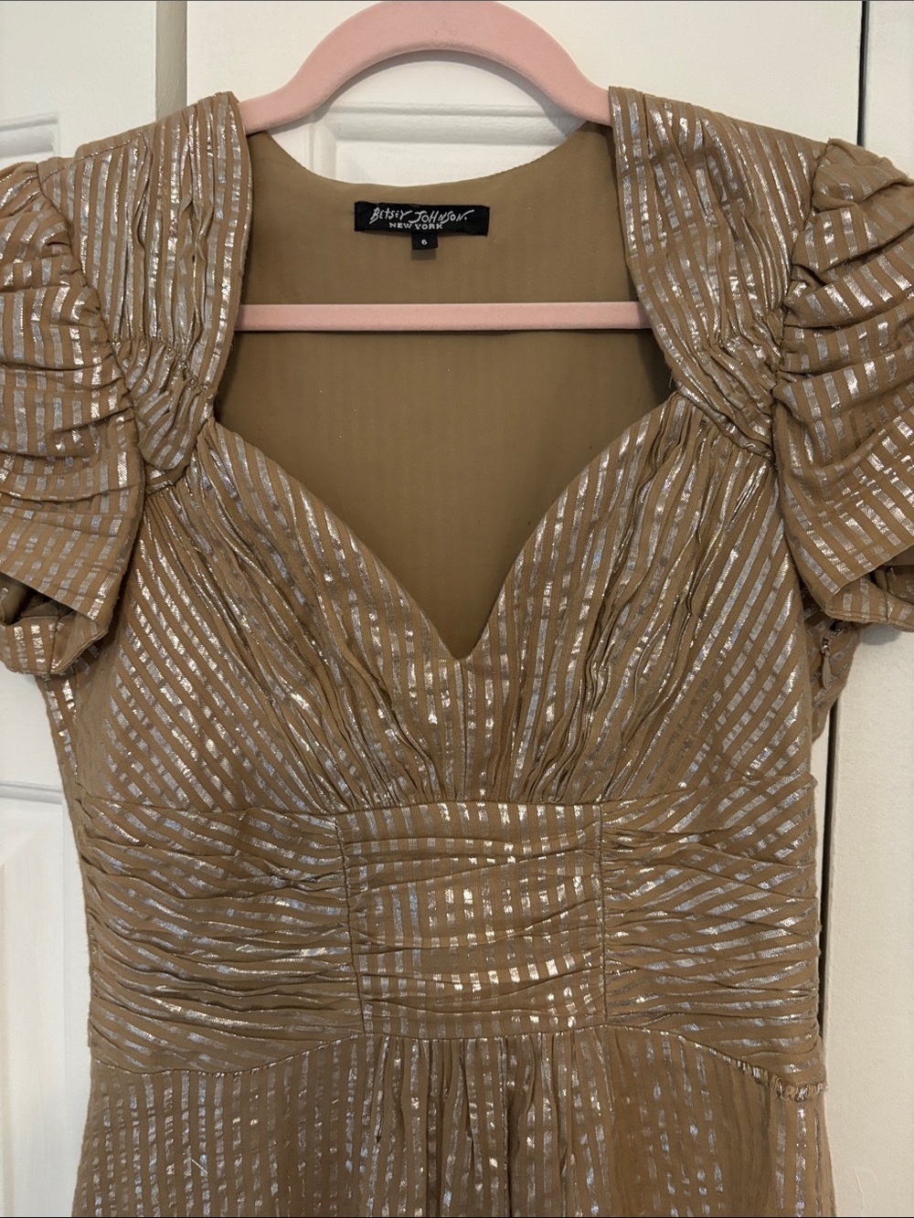Betsy Johnson Vintage Gold-Beige Metallic Stripe V-Neck Dress